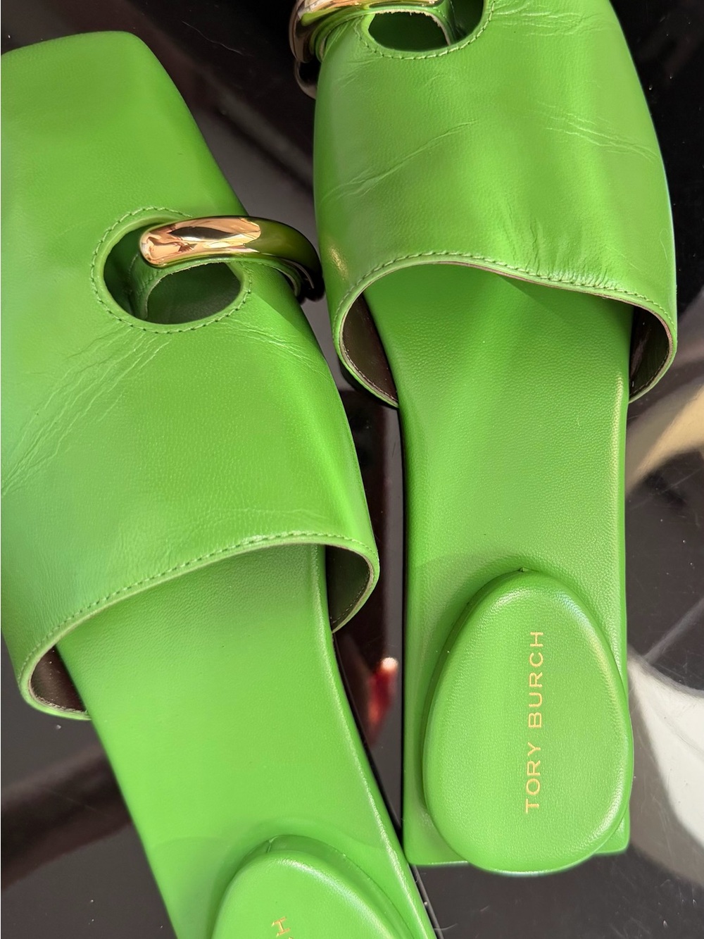 Tory Burch Vibrant Lime Green Pointed-Toe Slide Mules with Gold Accent - Picture 10 of 10